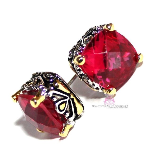10mm Checker Cut Two Tone Throne Room Ruby Red Old World Classic CZ Earrings - Picture 1 of 2